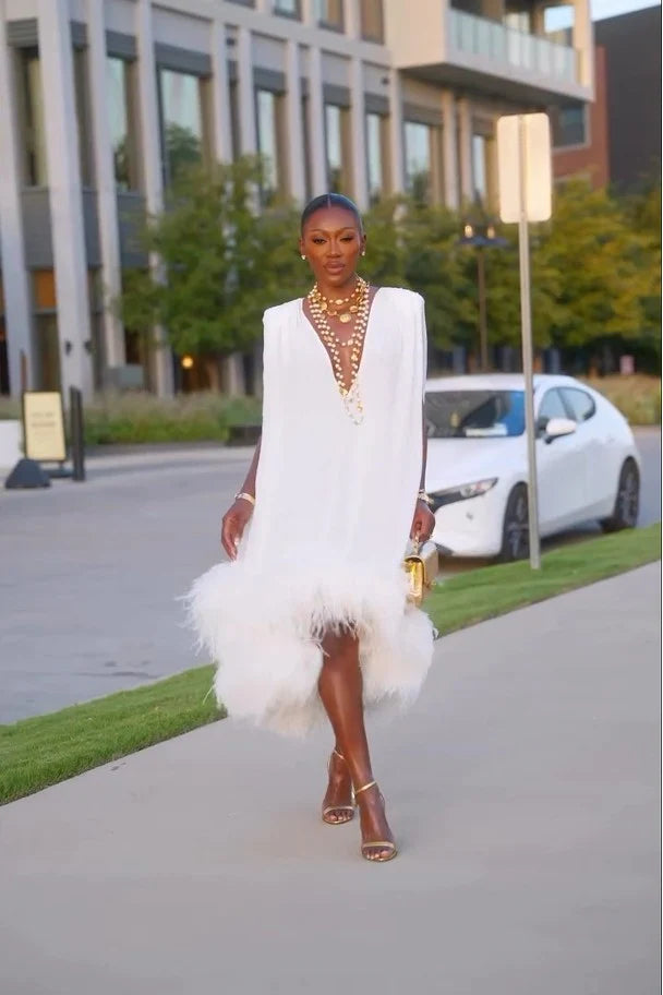 Women's Formal Midi Dress with Feather Hem