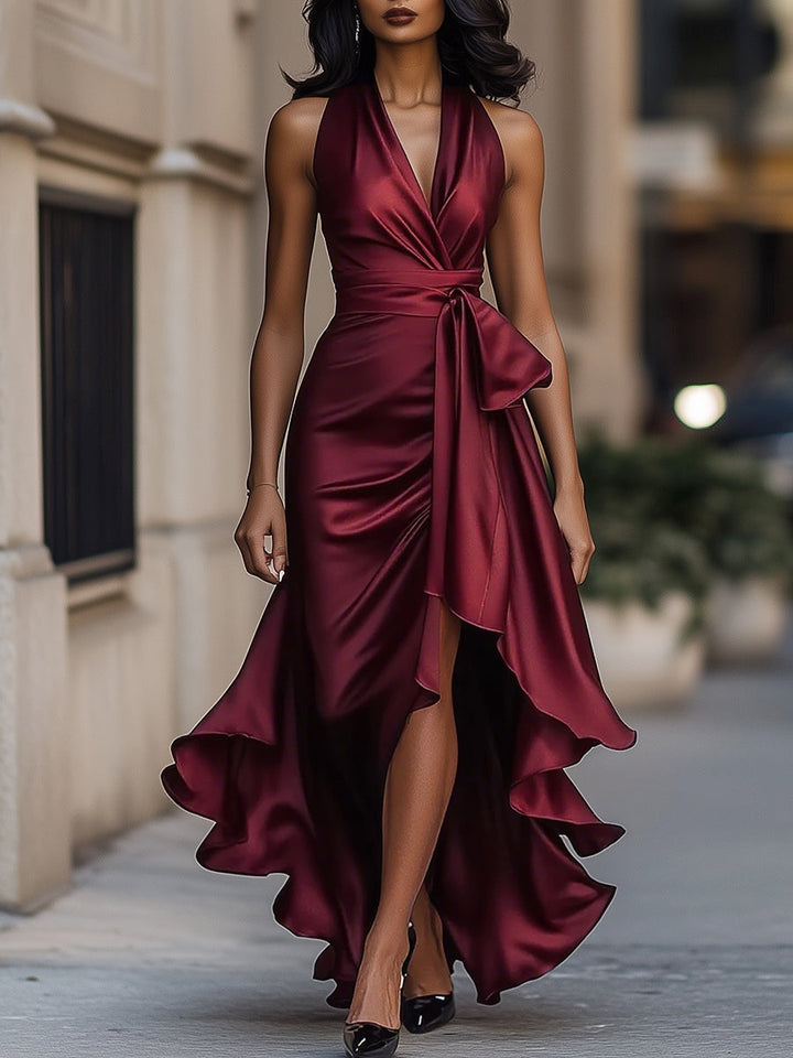 Women's Wrap Maxi Dress V Neck Evening Belted