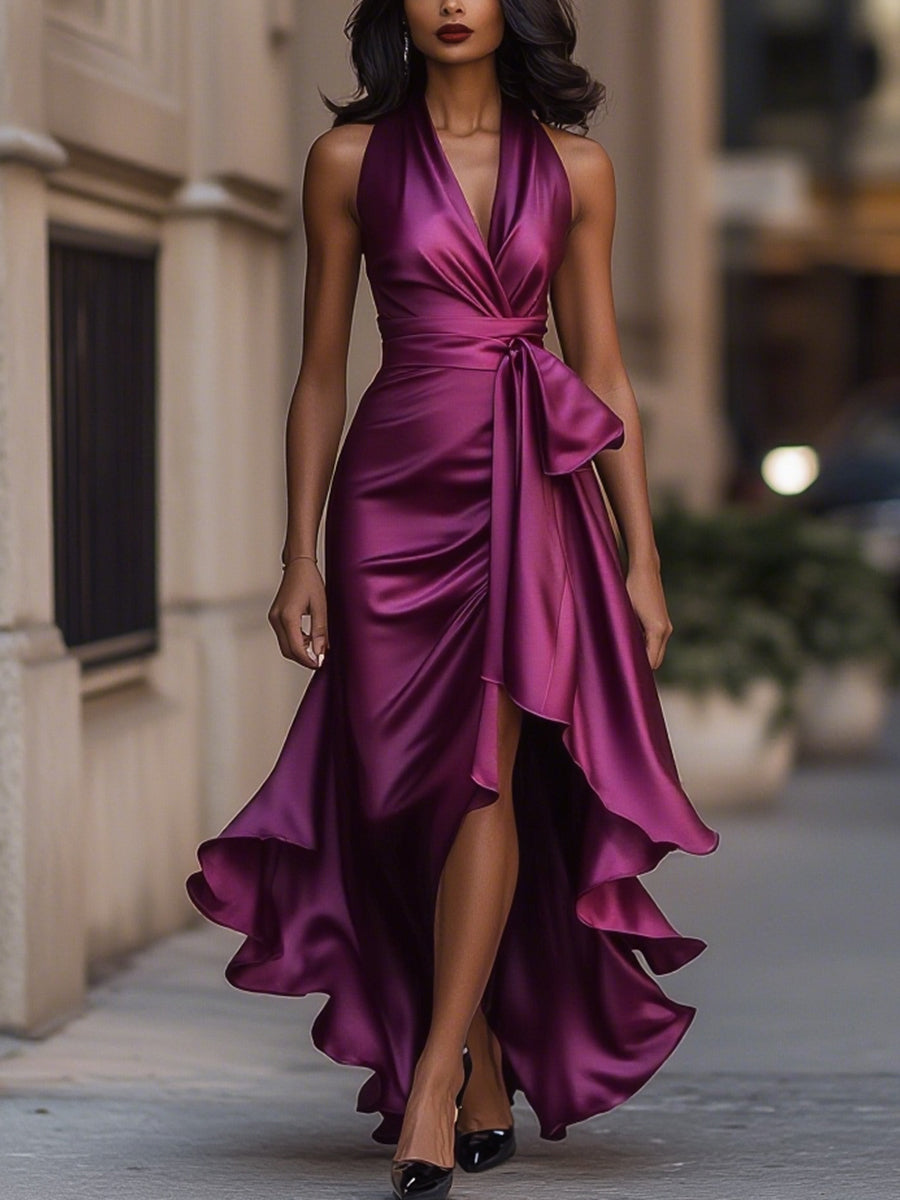 Women's Wrap Maxi Dress V Neck Evening Belted