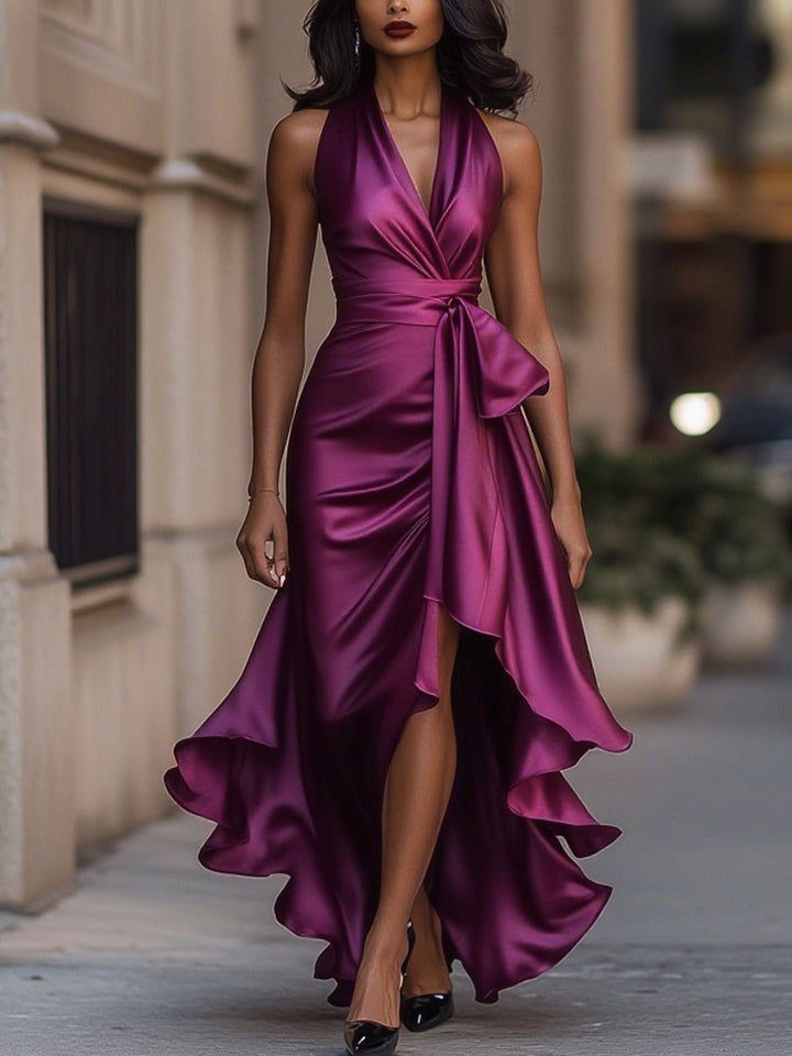 Women's Wrap Maxi Dress V Neck Evening Belted