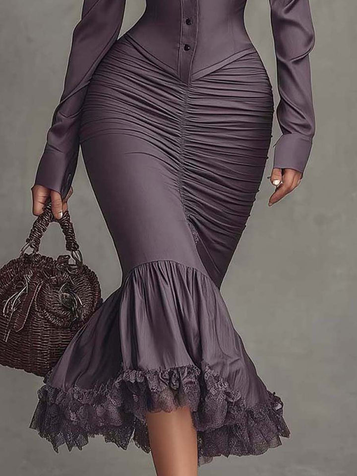 Women's Satin Ruched Midi Dress Sculpted Bodice Lace Trim