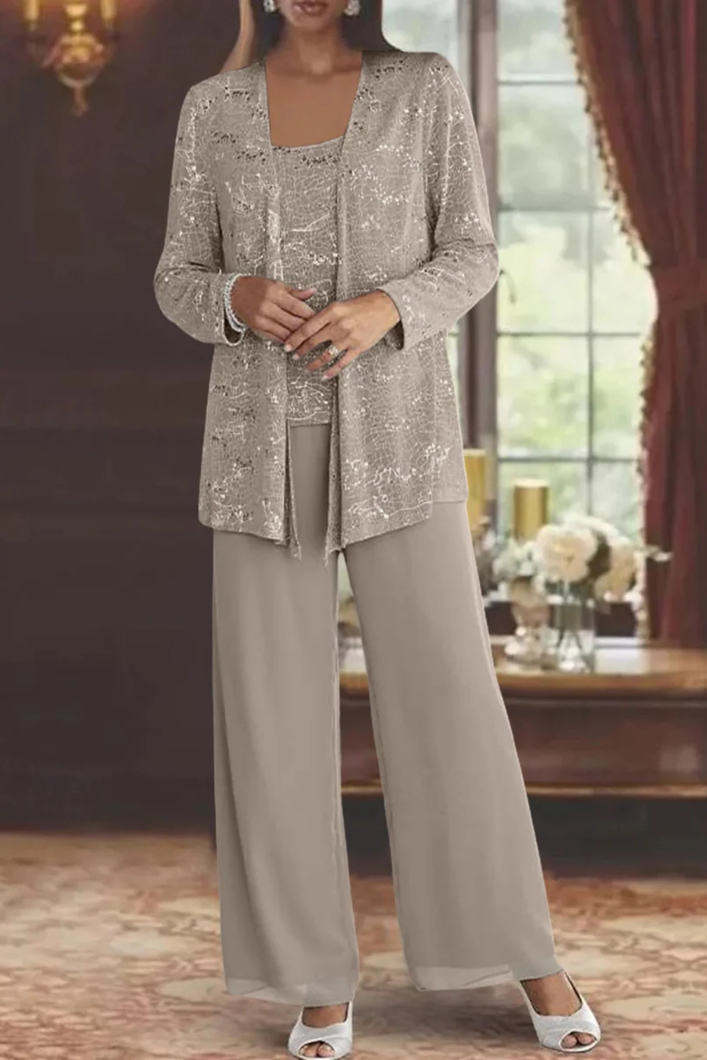 Women's Sequin Lace Three Piece Suit Wide Leg Wedding Guest