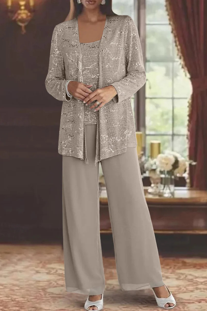 Women's Sequin Lace Three Piece Suit Wide Leg Wedding Guest