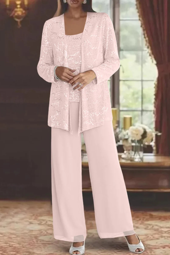 Women's Sequin Lace Three Piece Suit Wide Leg Wedding Guest