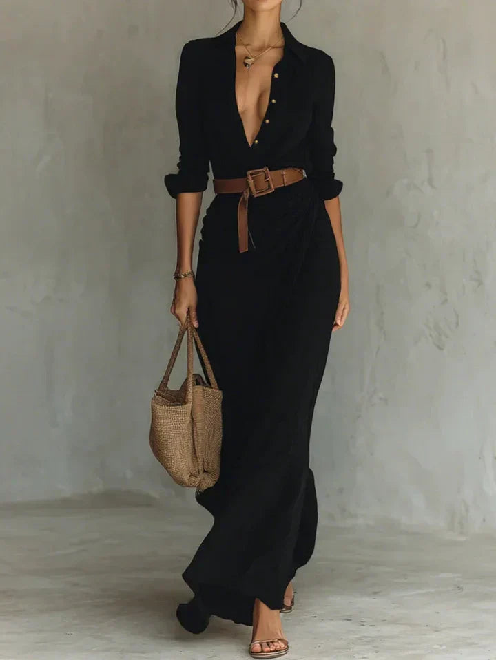 Women's Wrap Maxi Dress Lapel Collar Belted Long Sleeve