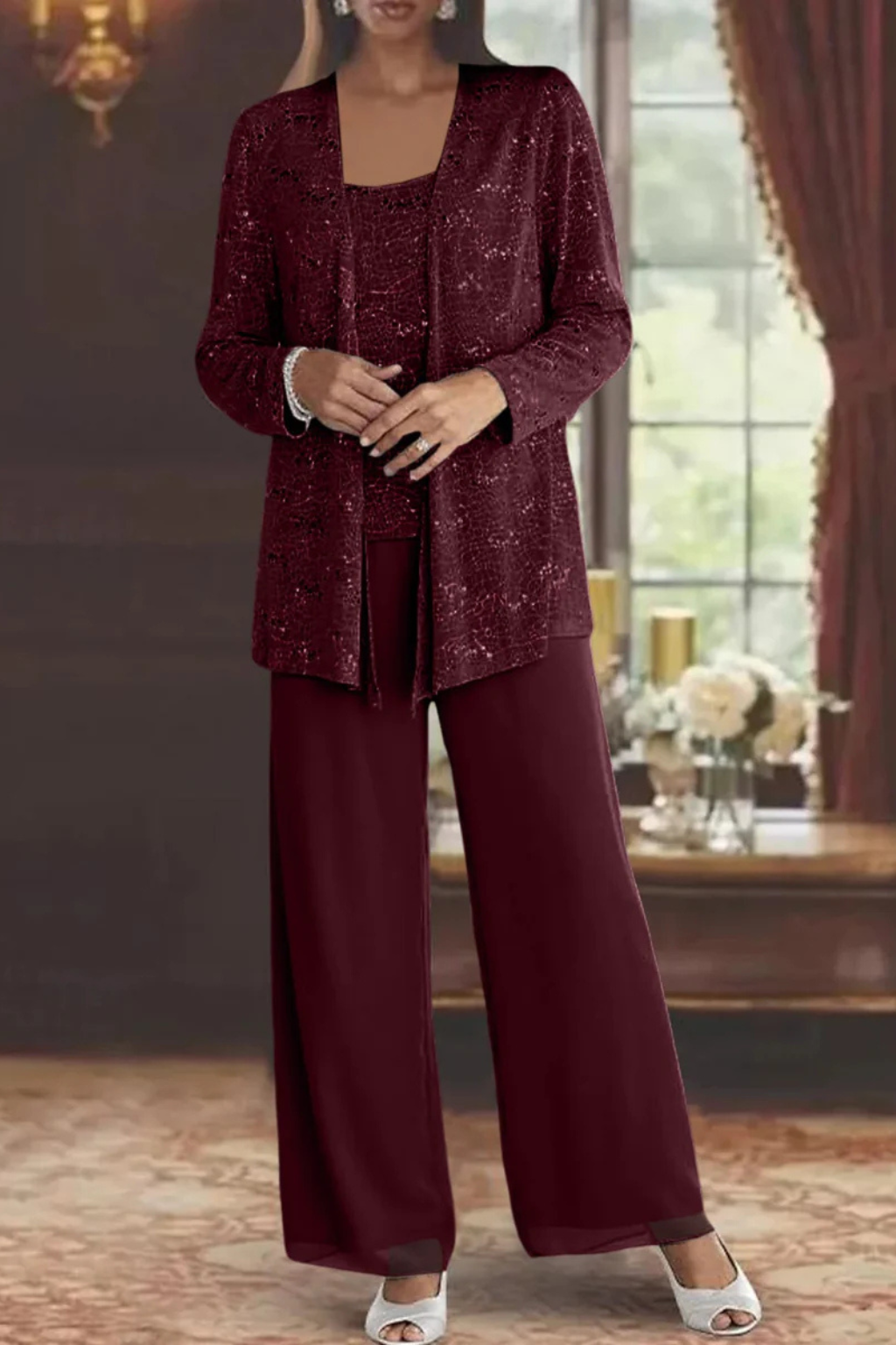 Women's Sequin Lace Three Piece Suit Wide Leg Wedding Guest