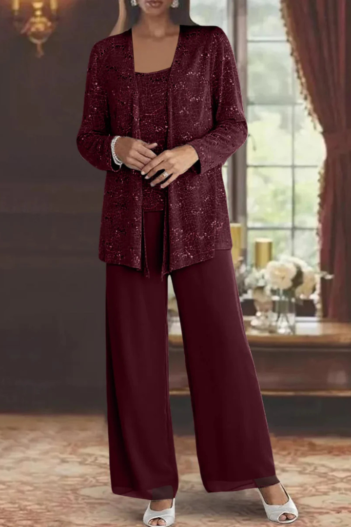 Women's Sequin Lace Three Piece Suit Wide Leg Wedding Guest