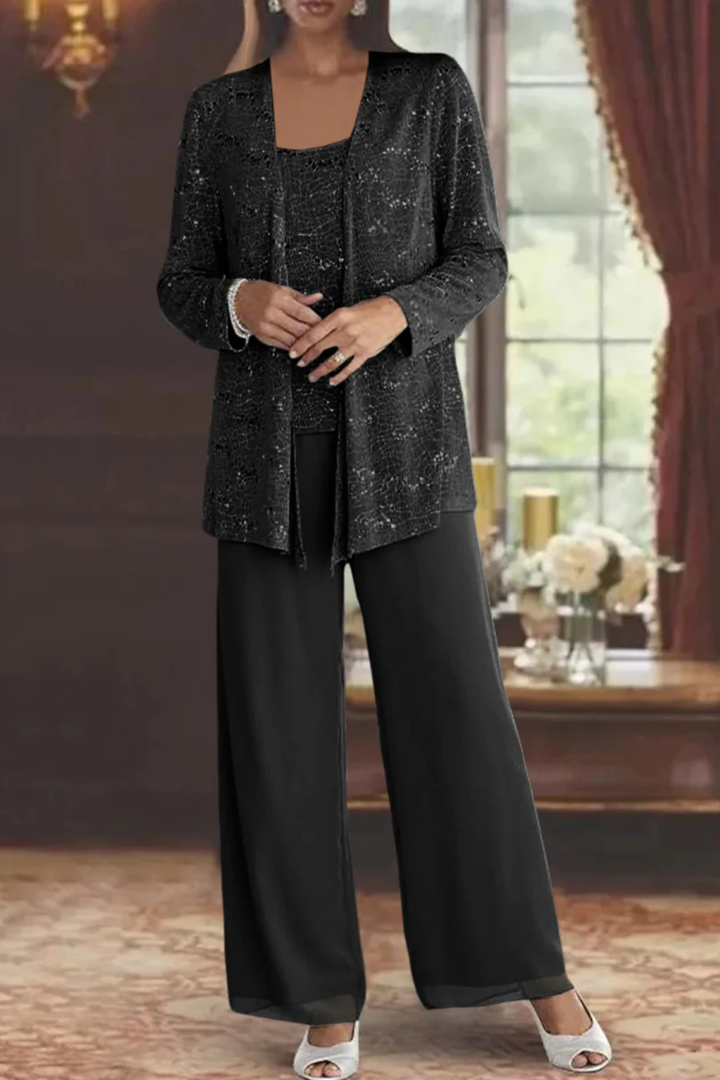 Women's Sequin Lace Three Piece Suit Wide Leg Wedding Guest