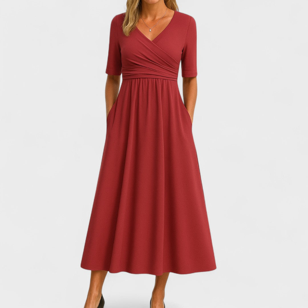 Women's V-Neck Midi Dress with Pockets