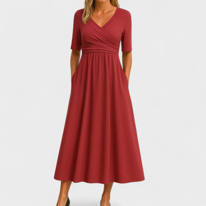 Women's V-Neck Midi Dress with Pockets