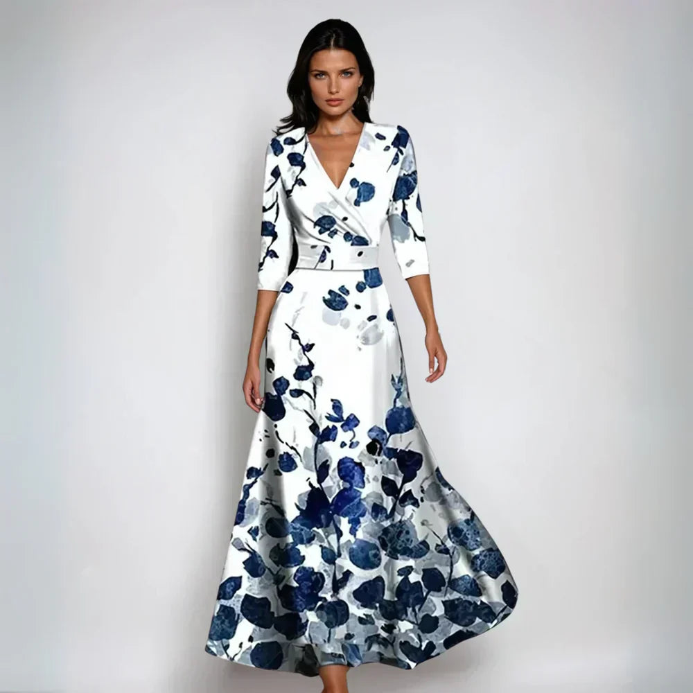 Women's Floral Wrap Maxi Dress A-Line V Neck Belted