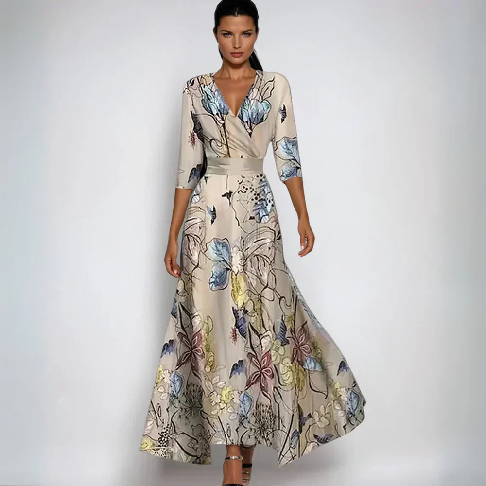 Women's Floral Wrap Maxi Dress A-Line V Neck Belted