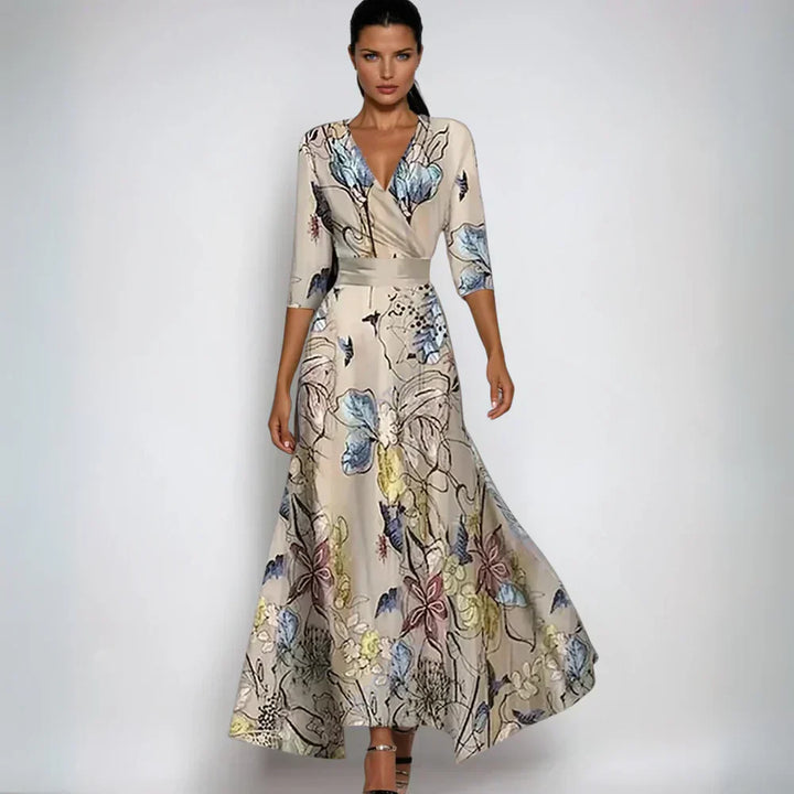 Women's Floral Wrap Maxi Dress A-Line V Neck Belted