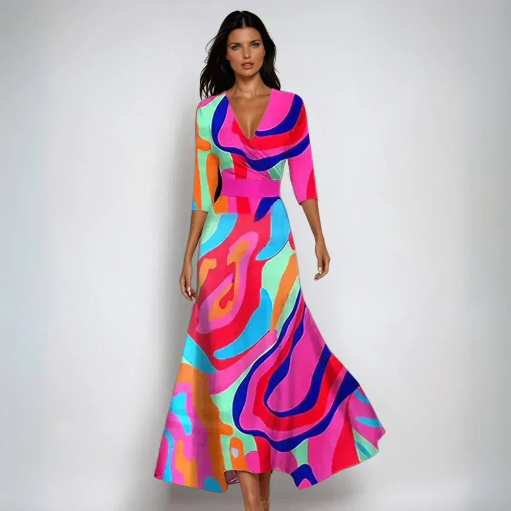 Women's Floral Wrap Maxi Dress A-Line V Neck Belted
