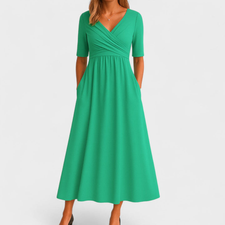 Women's V-Neck Midi Dress with Pockets