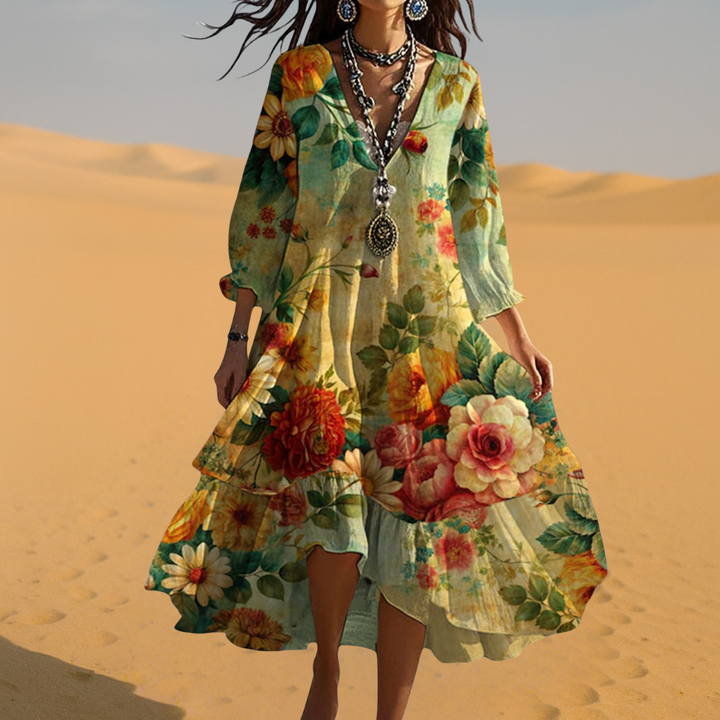 Women's Boho Floral Tiered Midi Dress