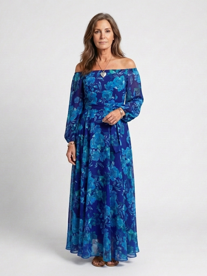 Women's Off Shoulder Maxi Dress Long Sleeve Belted