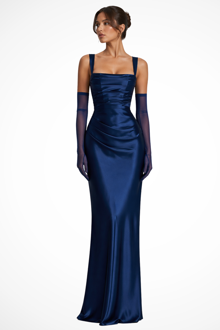 Women's Satin Ruched Maxi Dress Square Neck Wedding Guest