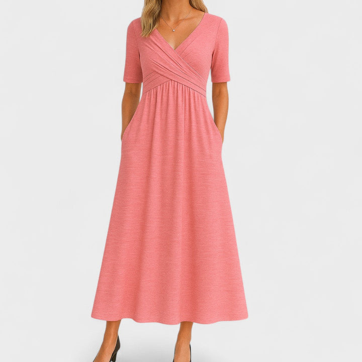 Women's V-Neck Midi Dress with Pockets