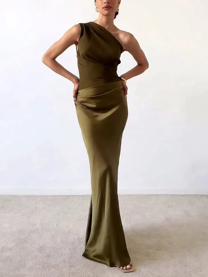 Women's One-Shoulder Pleated Maxi Dress