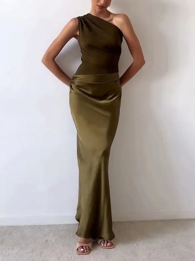Women's One-Shoulder Pleated Maxi Dress