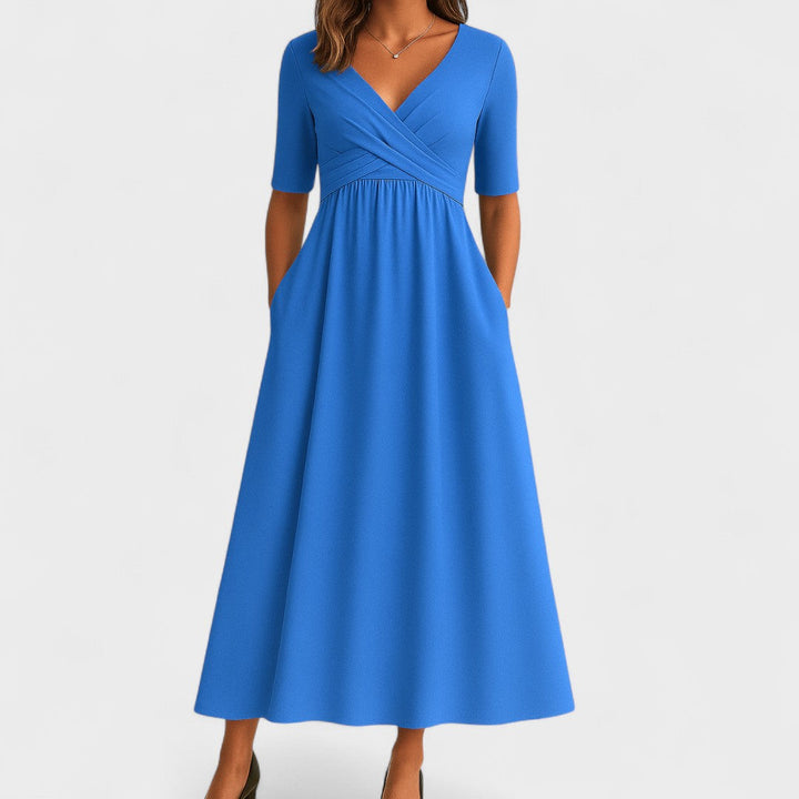 Women's V-Neck Midi Dress with Pockets