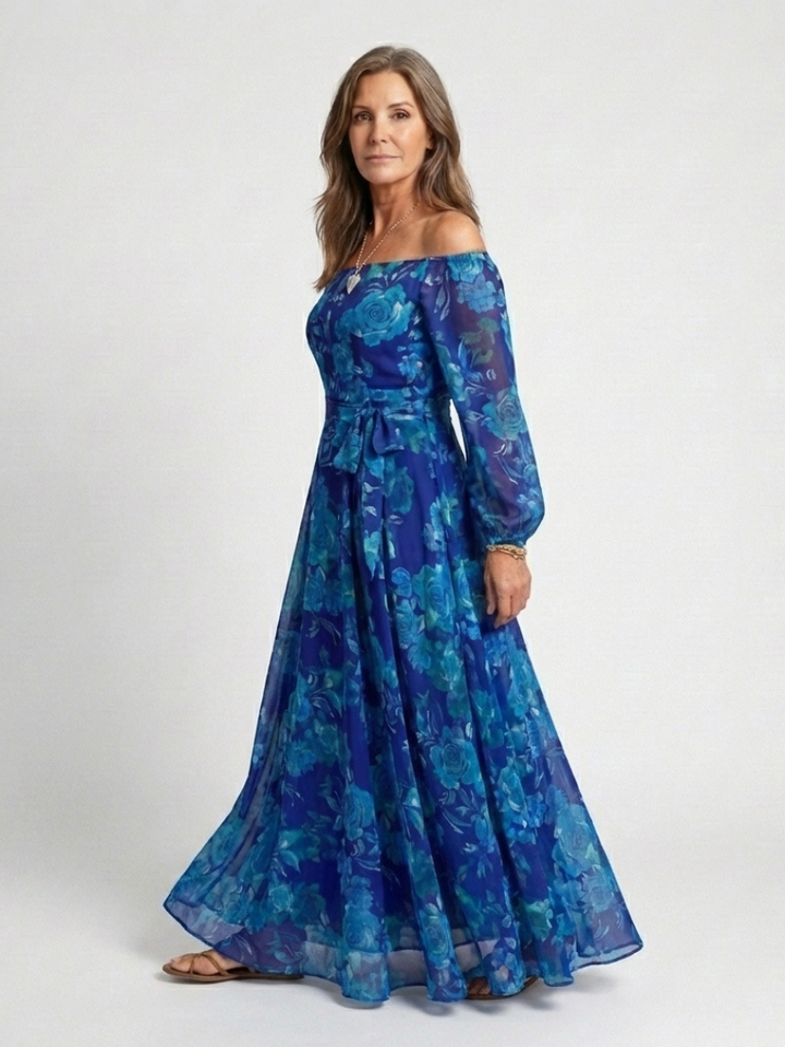Women's Off Shoulder Maxi Dress Long Sleeve Belted