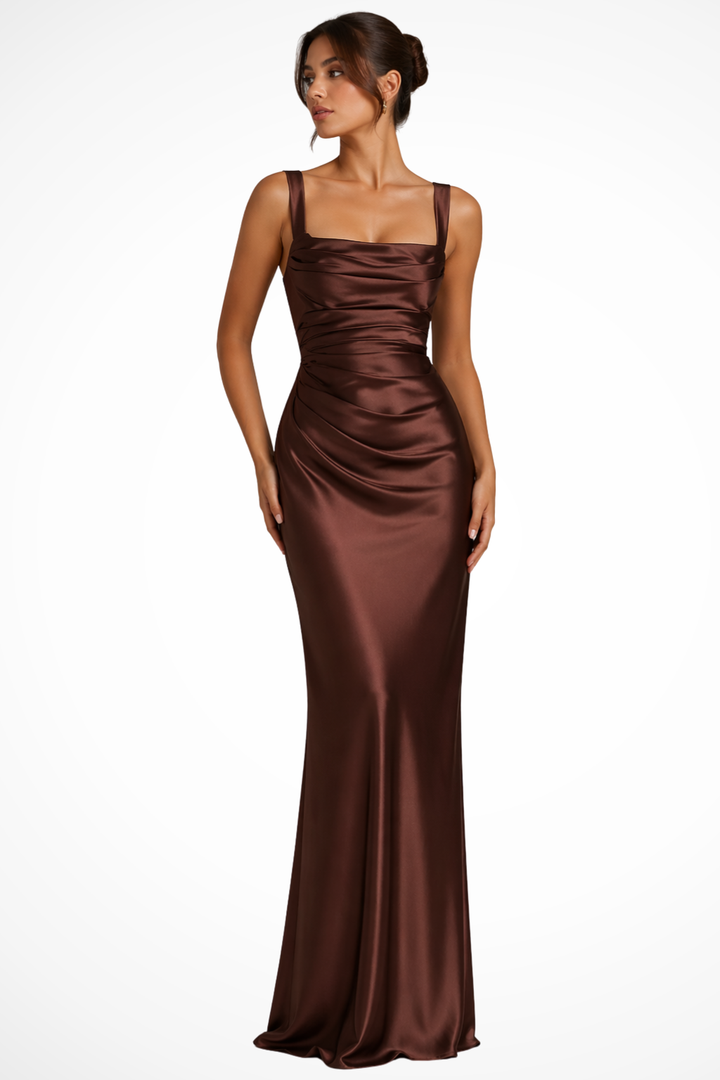 Women's Satin Ruched Maxi Dress Square Neck Wedding Guest