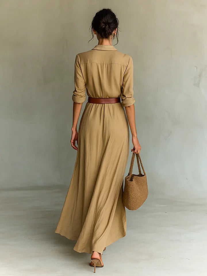 Women's Wrap Maxi Dress Lapel Collar Belted Long Sleeve