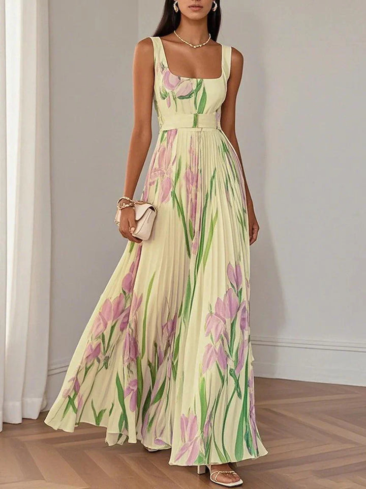 Women's Square Neck Pleated Maxi Dress