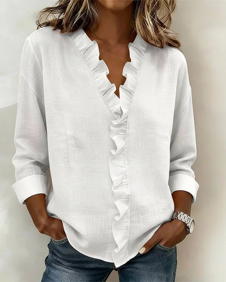 Women's V-Neck Long Sleeve Blouse with Ruffle Trim