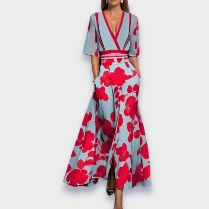 Women's Floral Wrap Maxi Dress A-Line V Neck Belted