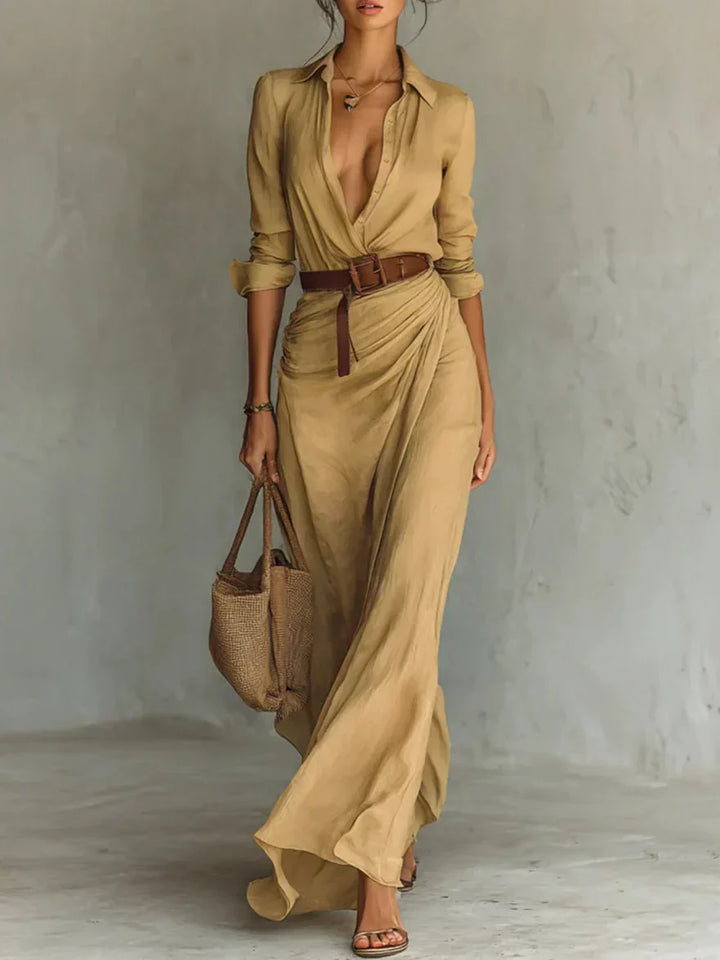 Women's Wrap Maxi Dress Lapel Collar Belted Long Sleeve