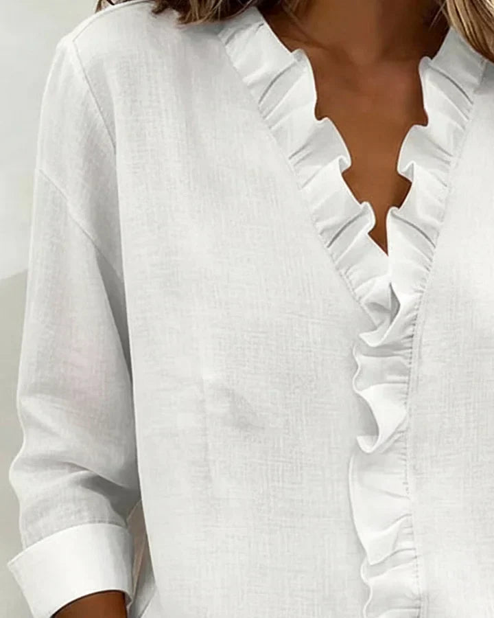 Women's V-Neck Long Sleeve Blouse with Ruffle Trim