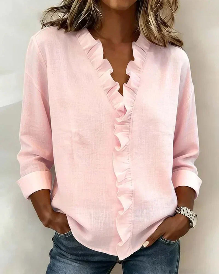 Women's V-Neck Long Sleeve Blouse with Ruffle Trim