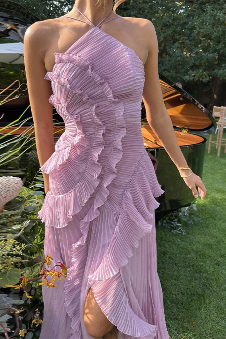 Women's Halter Neck Ruffle Maxi Dress Backless Wedding Guest