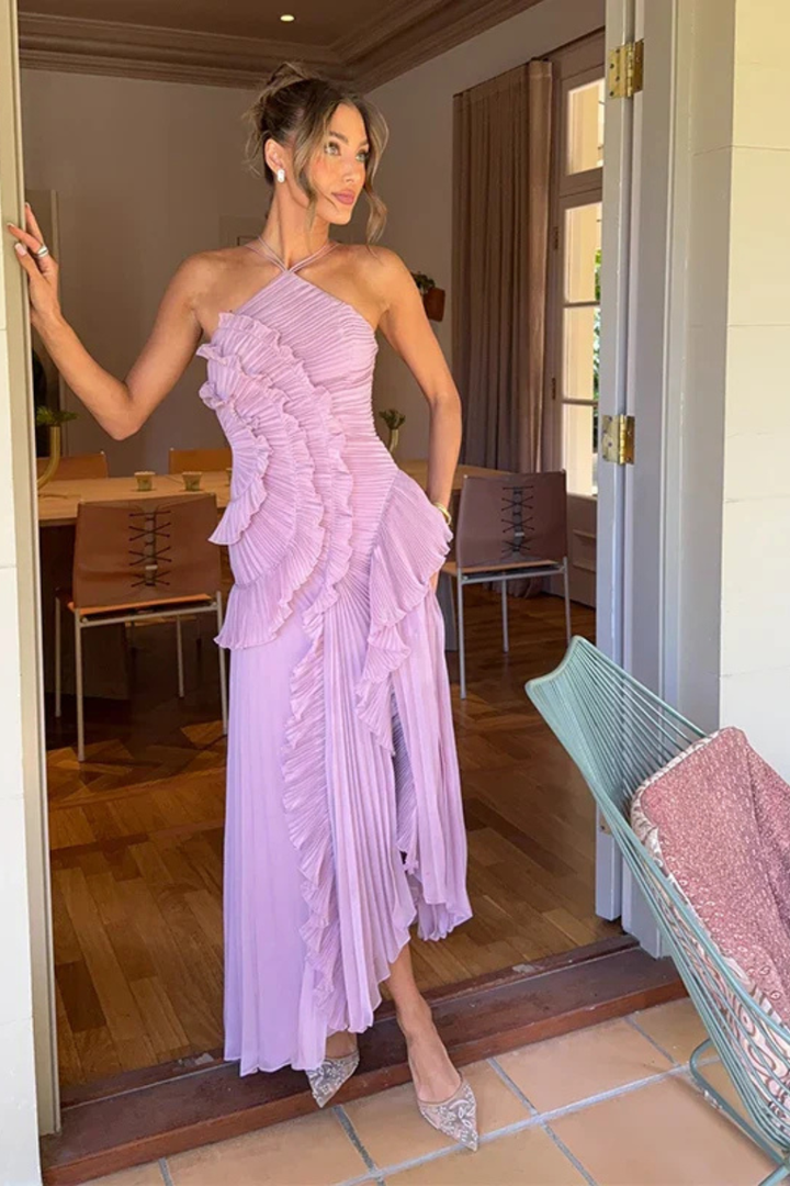 Women's Halter Neck Ruffle Maxi Dress Backless Wedding Guest