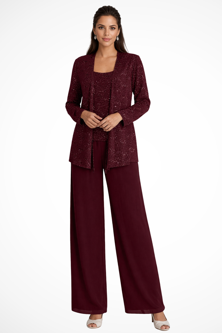 Women's Sequin Lace Three Piece Suit Wide Leg Wedding Guest