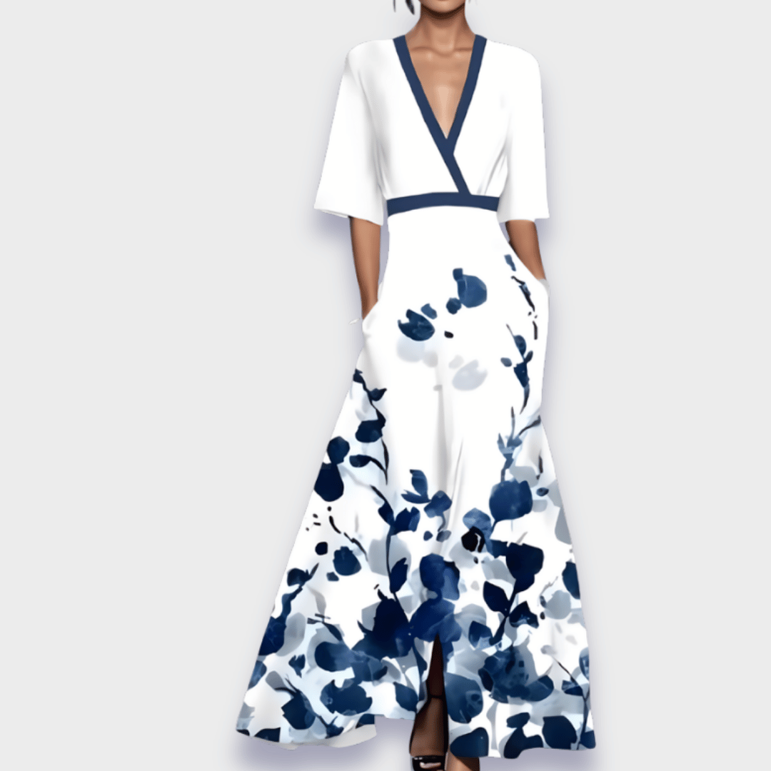 Women's Floral Wrap Maxi Dress A-Line V Neck Belted
