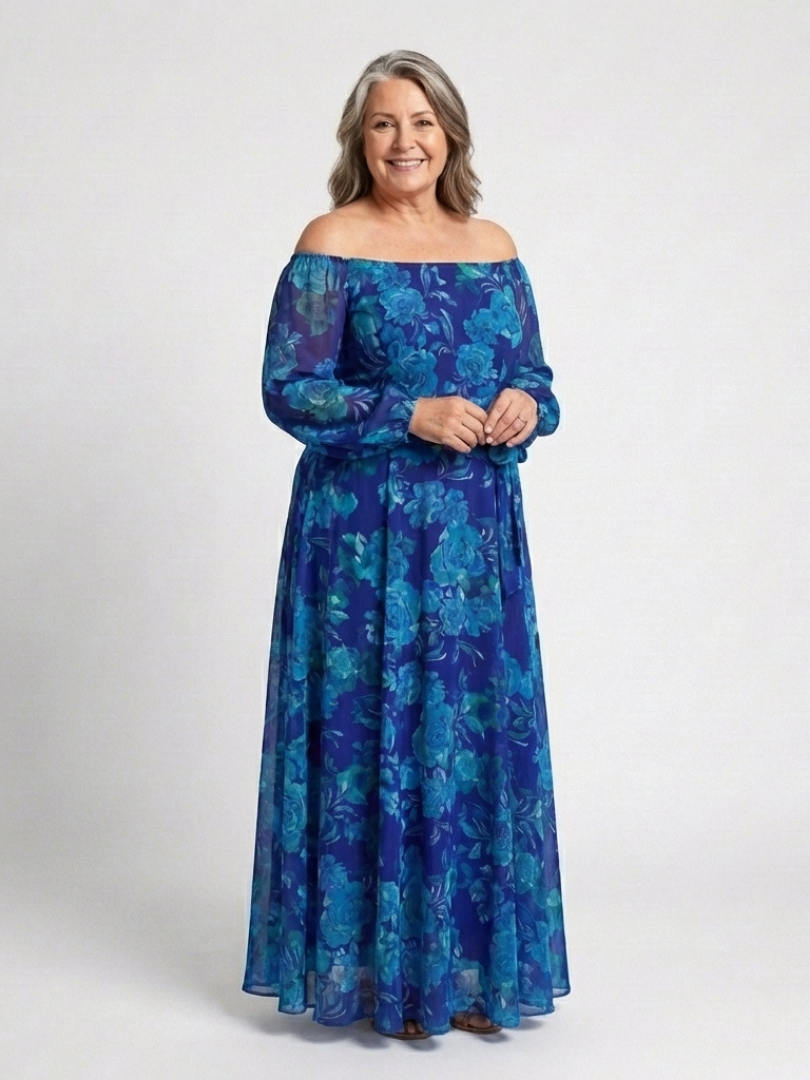 Women's Off Shoulder Maxi Dress Long Sleeve Belted