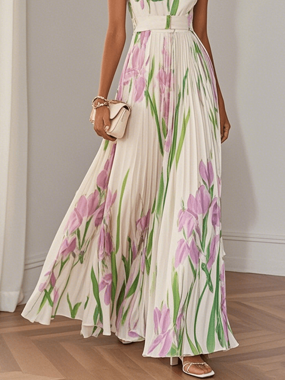 Women's Square Neck Pleated Maxi Dress