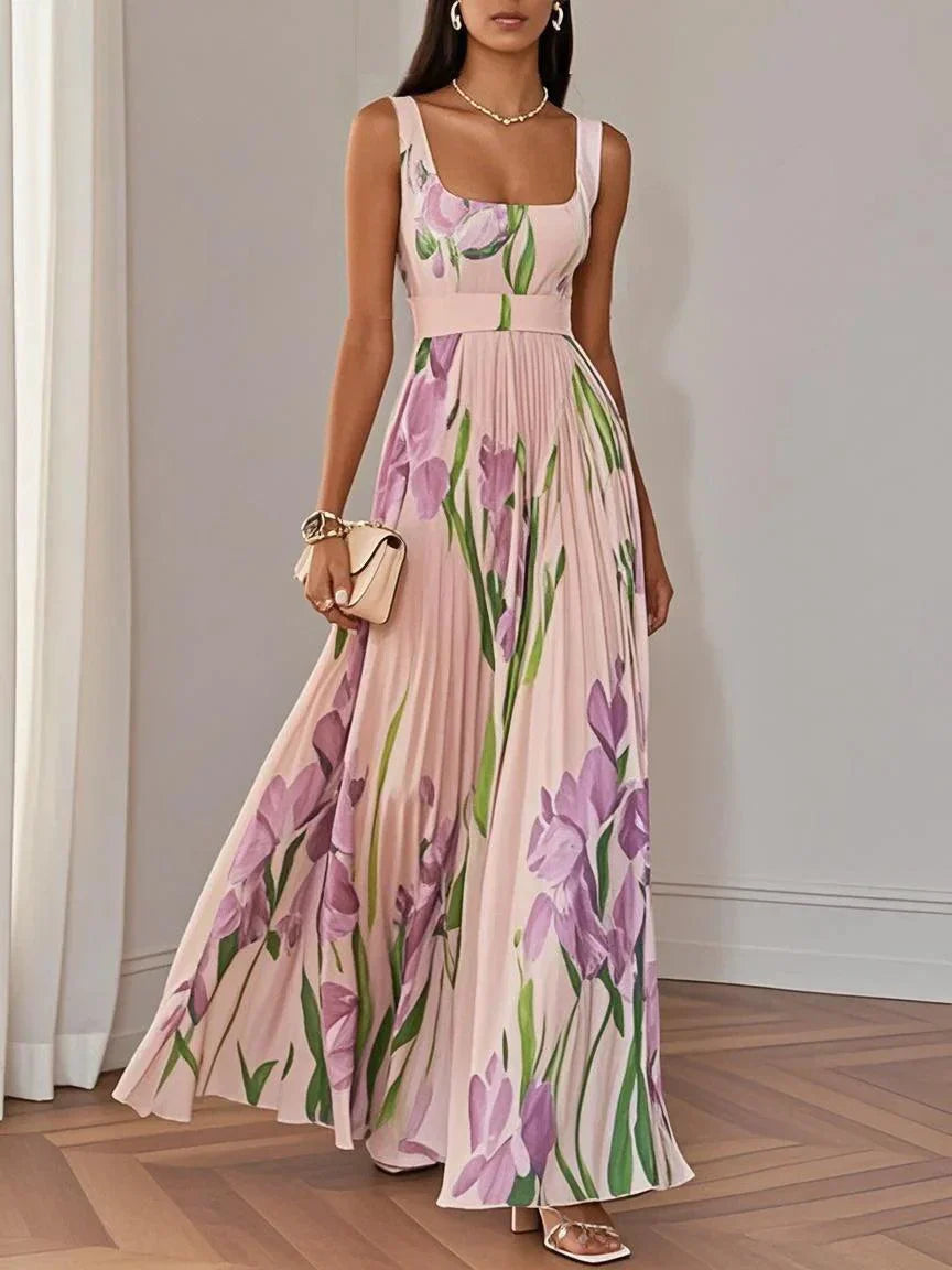 Women's Square Neck Pleated Maxi Dress