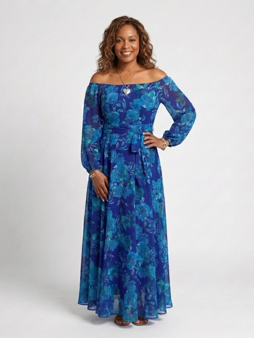 Women's Off Shoulder Maxi Dress Long Sleeve Belted
