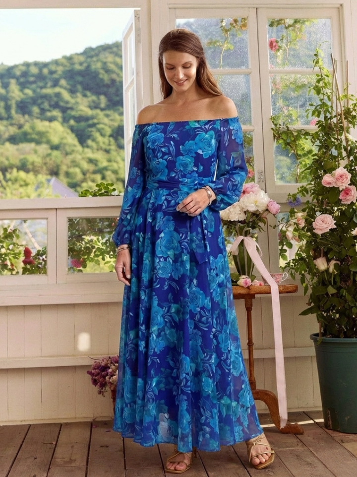 Women's Off Shoulder Maxi Dress Long Sleeve Belted