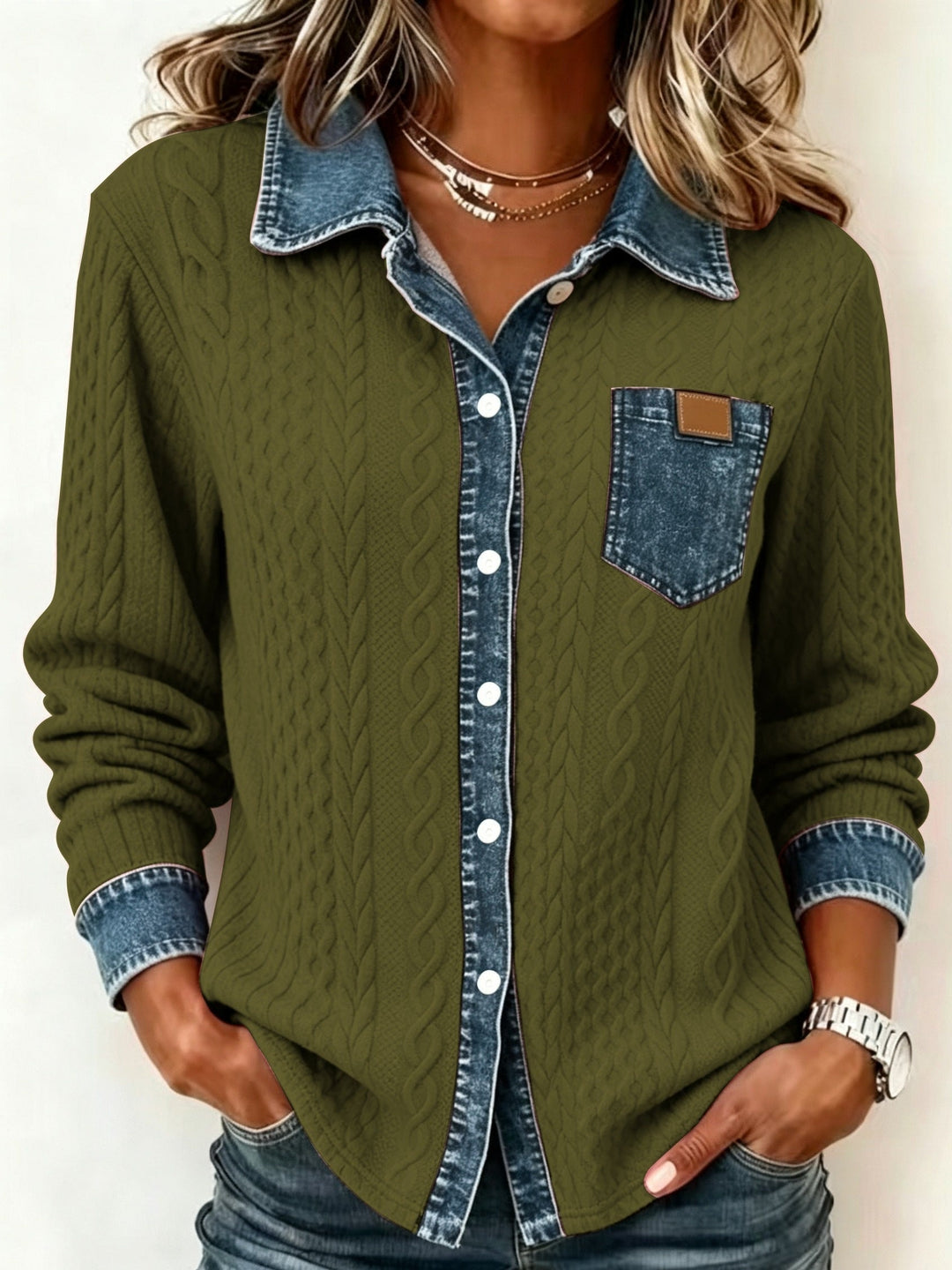 Saffron | Women's Contrast Trim Cable Knit Cardigan