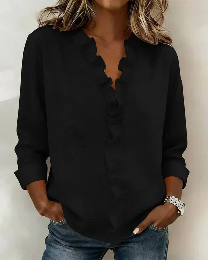 Women's V-Neck Long Sleeve Blouse with Ruffle Trim