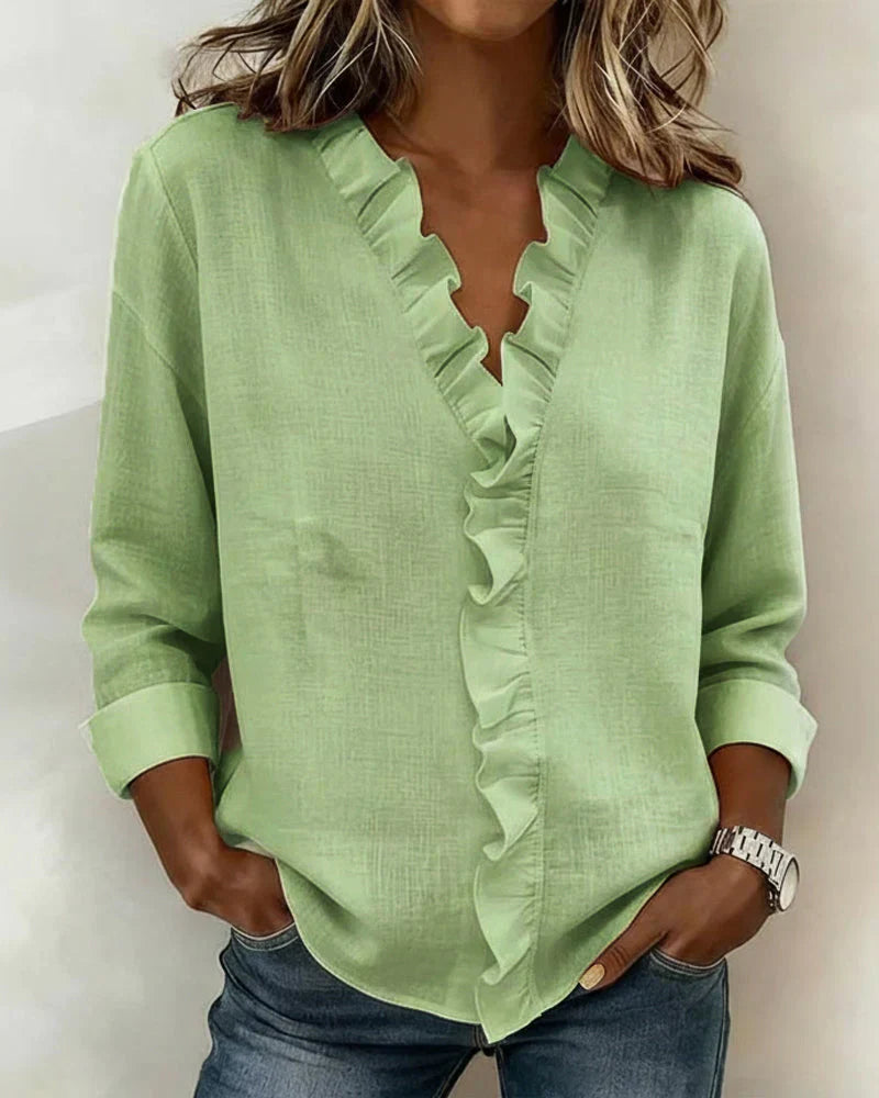 Women's V-Neck Long Sleeve Blouse with Ruffle Trim