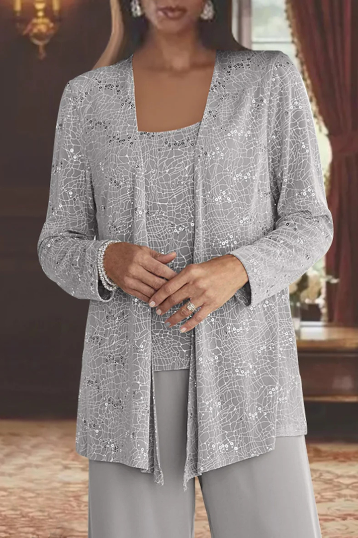 Women's Sequin Lace Three Piece Suit Wide Leg Wedding Guest