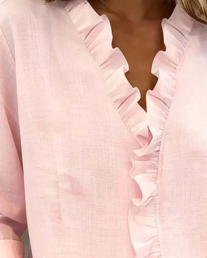 Women's V-Neck Long Sleeve Blouse with Ruffle Trim