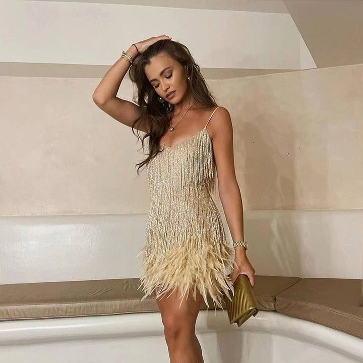 Women's Cocktail Mini Dress with Feather Trim